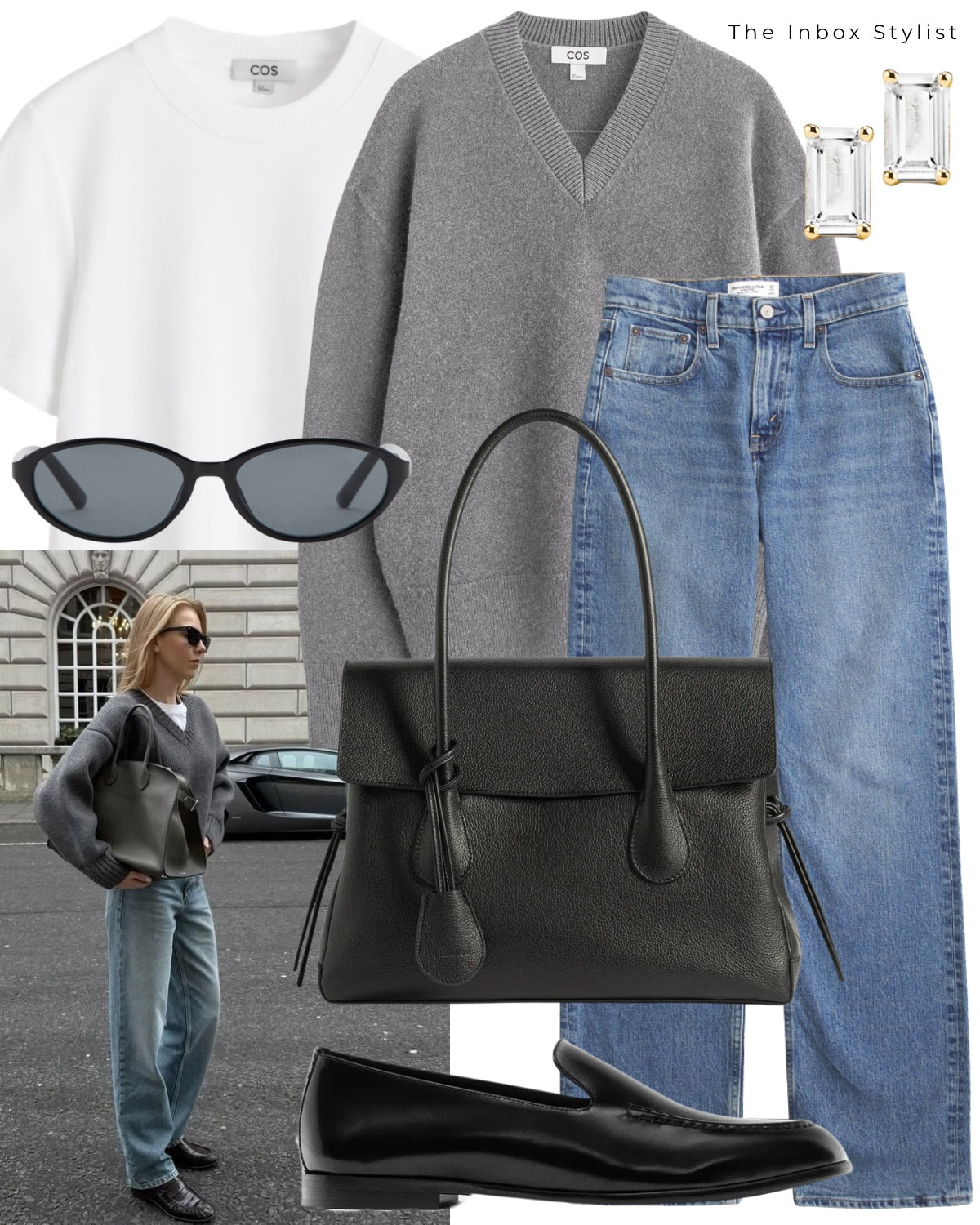 Love an outfit made up of staples. 

Including grey v neck jumper, light wash jeans, black leather handbag, black loafers, diamond stud earrings, oval sunglasses, white t-shirt  

#LTKuk #LTKspring #LTKXAbercrombieDenim