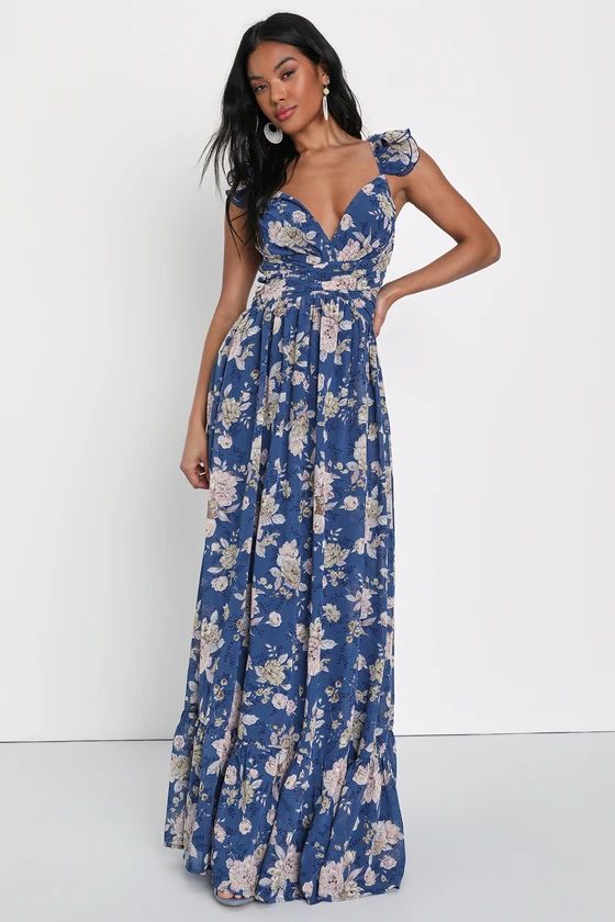 Soiree Celebration Blue Floral Ruffled Lace-Up Maxi Dress | Lulus