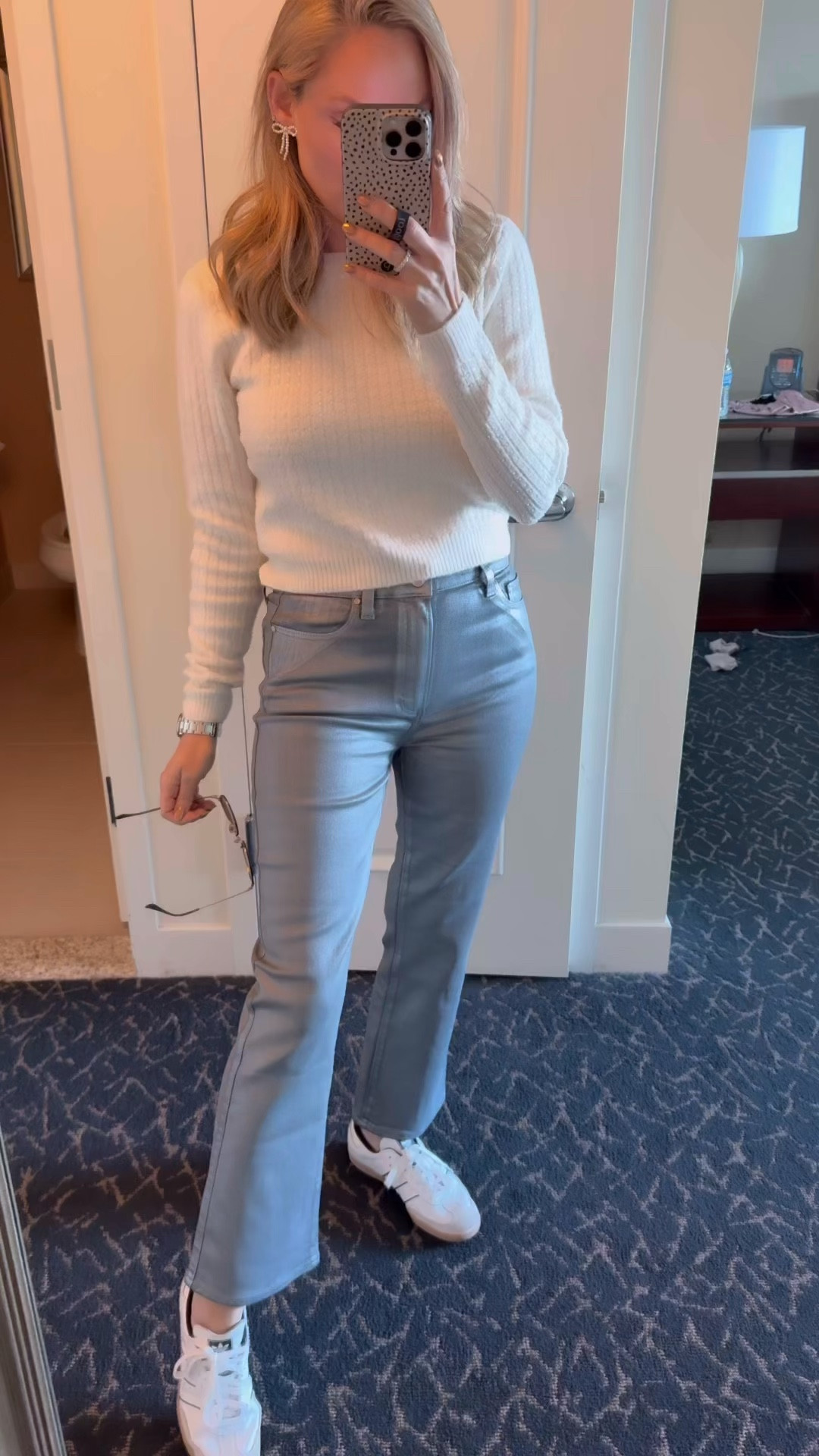 Cute affordable holiday outfit . Wearing small in this sweet soft holiday shimmer sweater under $90!

Comment SHOP below to receive a DM with the link to shop this post on my LTK ⬇ https://liketk.it/50mil #ltkholiday #ltkgiftguide #ltkfindsunder100

#LTKFindsUnder100 #LTKGiftGuide #LTKHoliday