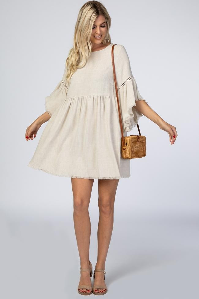 Beige Raw Edge Bell Sleeve Babydoll Dress | PinkBlush Maternity