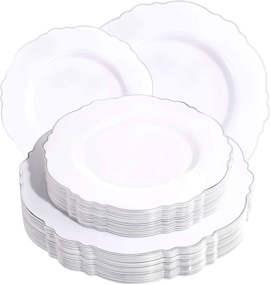 WDF 60pcs Silver Plastic Plates-Baroque White &Silver Plates for Upscale Parties &Wedding-includi... | Amazon (US)