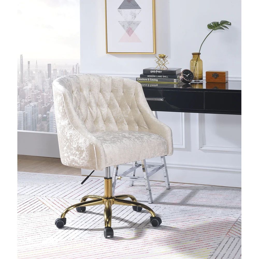 Cream Velvet Gold Finish Office Chair (Adjustable Height - Swivel - Metal - Cream Pearl/Jet Crystal  | Bed Bath & Beyond