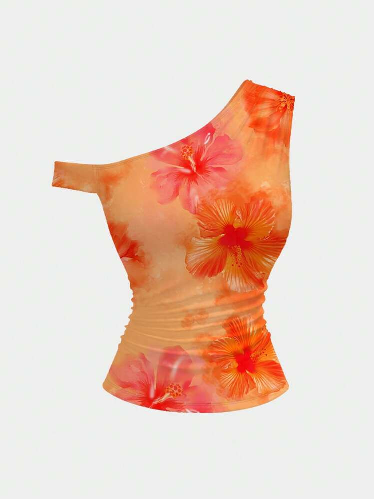 SHEIN MOD Chemisier Ajusté À Imprimé Avec Décorations De Volants Asymétriques Pour Femmes | SHEIN