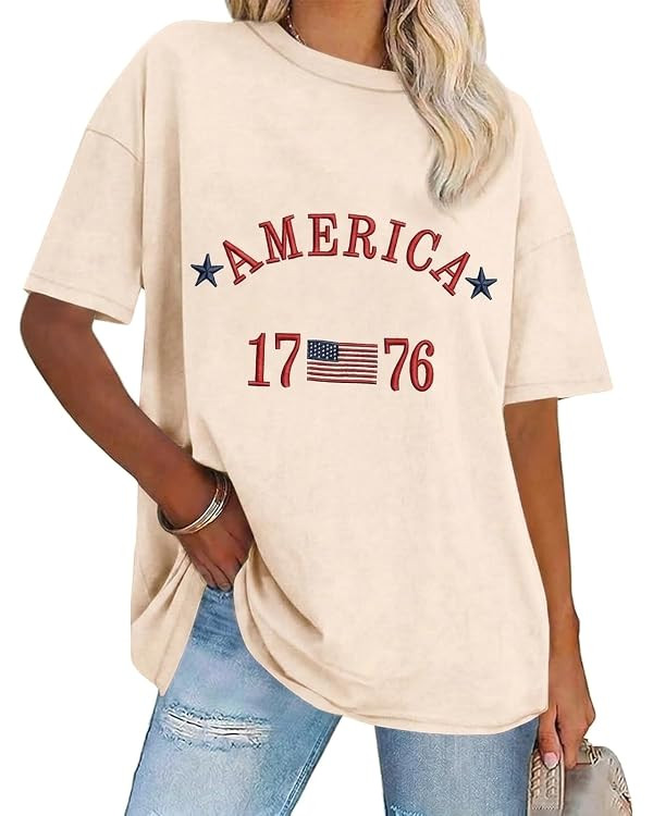 4th of July Shirts Women Embroidered 1776 American Flag Shirt 2026 Patriotic Shirts Oversized Sho... | Amazon (US)