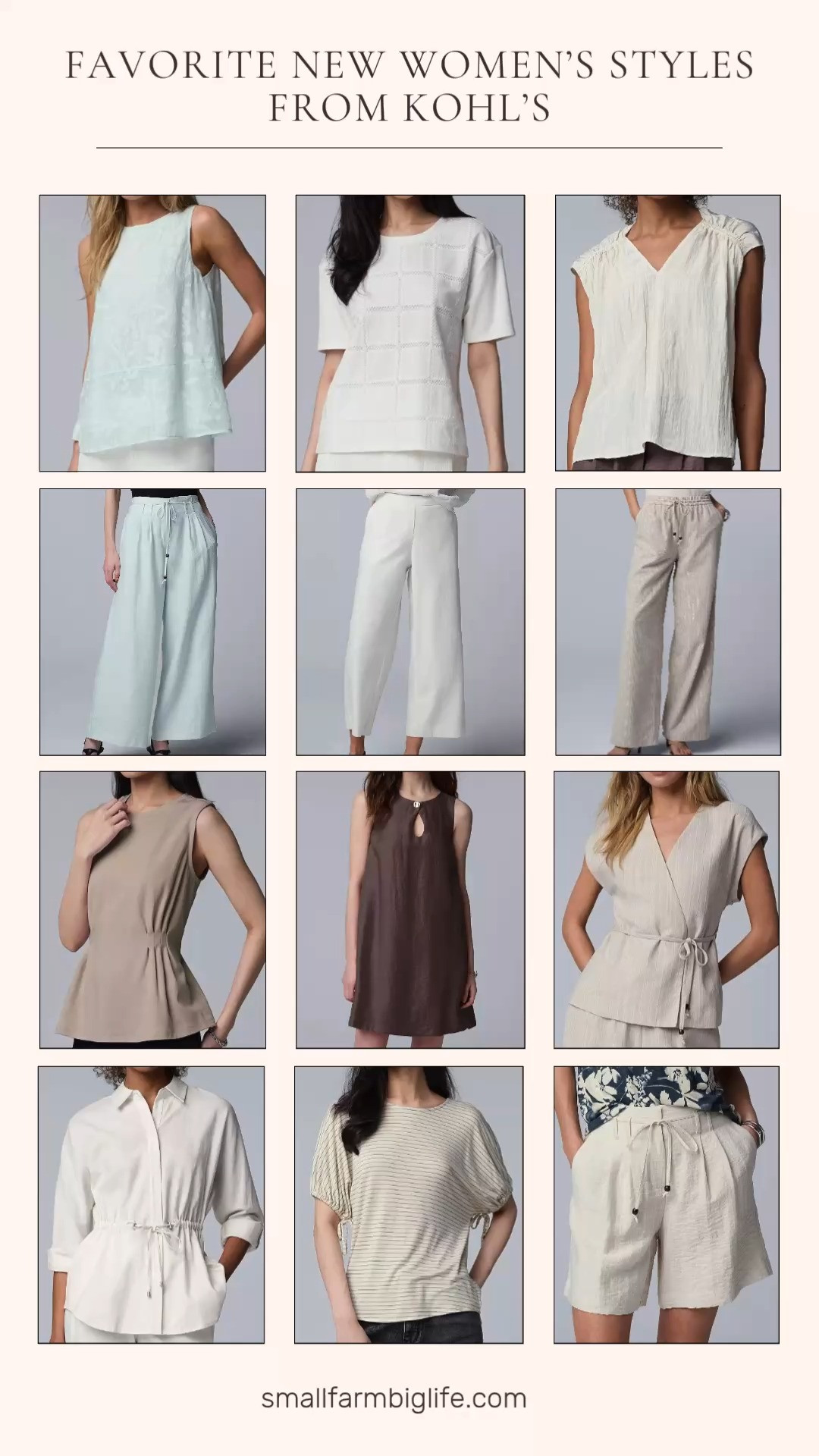 Simply Vera Vera Wang favorites from Kohl's and this collection is so beautiful for spring and summer 🌿🤍 A white linen tie waist tunic, white relaxed linen pull-on pants, cream striped elastic waist wide leg pants, a cream striped bubble sleeve popover, a tan side pleated sleeveless top, a beige kimono wrap blouse, beige tie belt pleated shorts, light blue cropped tie belt pleated pants, a white crochet front top, a light blue burnout tank top, a cream ruched cap sleeve top, and a brown short shift dress. The linen and lightweight fabrics in this collection are absolutely perfect for spring and summer and the neutral and soft color palette makes everything so easy to mix and match together. Kohl's is seriously one of the best places to shop right now for effortless and affordable spring style and the Simply Vera Vera Wang line never disappoints. Everything is linked! 🛒 

 #LTKOver40 #LTKWorkwear #LTKTravel