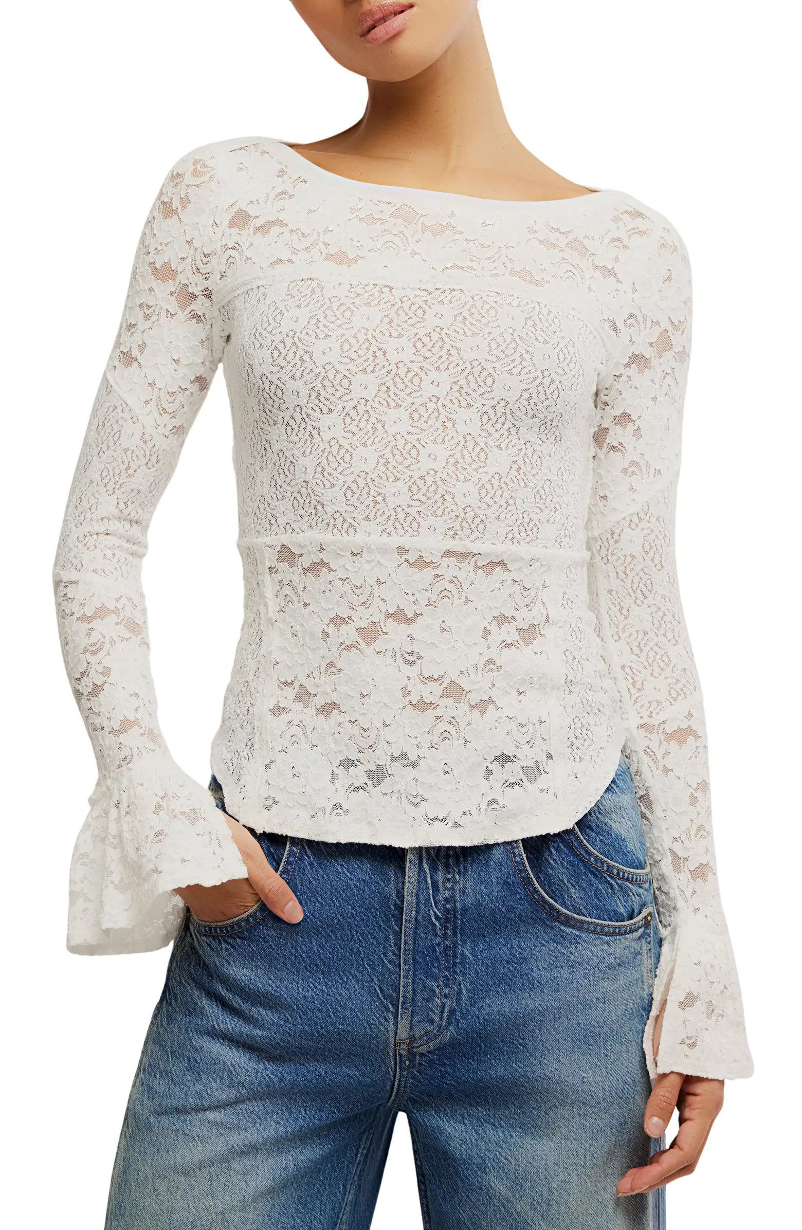 Bell Sleeve Sheer Cotton Blend Lace Top | Nordstrom