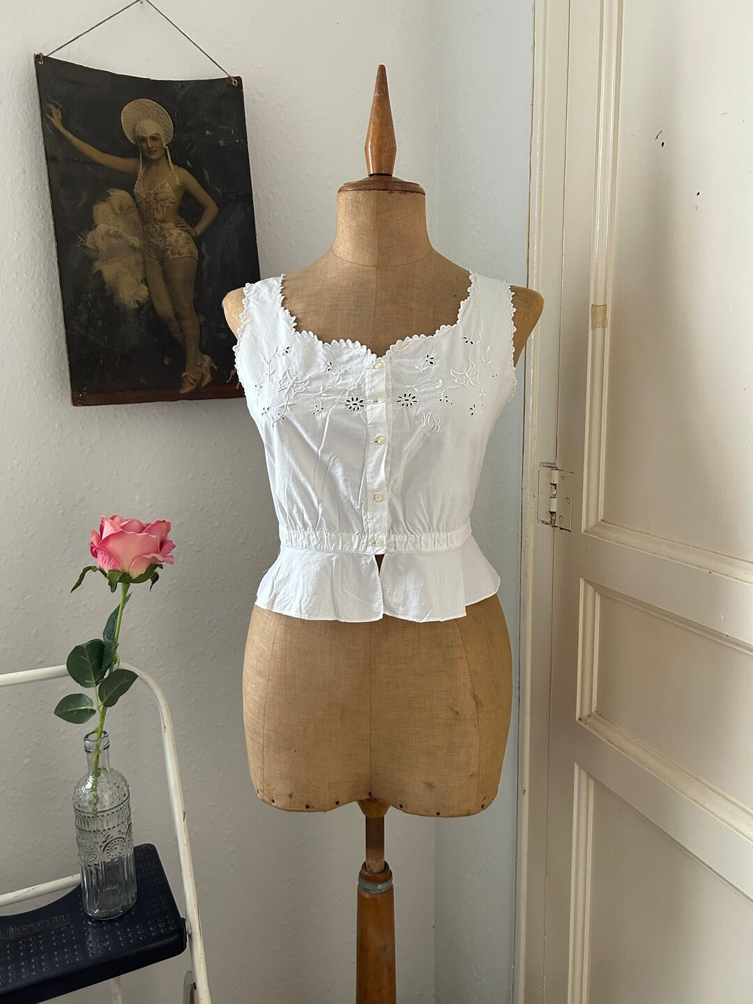 Antique Sturdy White Cotton Peplum Waist Corset Cover With Embroidered Butterflies MB Monogram Si... | Etsy (US)