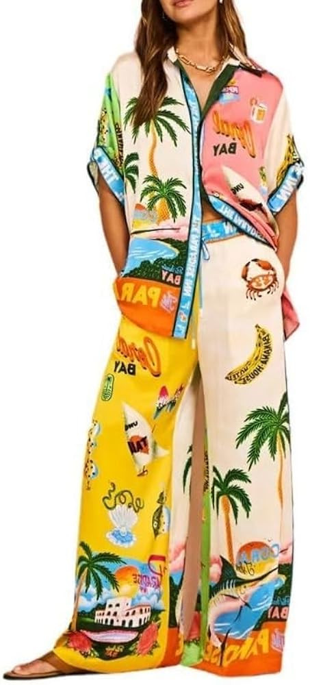 Vintage Graffiti 2 Pieces Pants Sets for Women Floral Fruit Print Short Sleeve Shirt Wide Leg Pan... | Amazon (US)