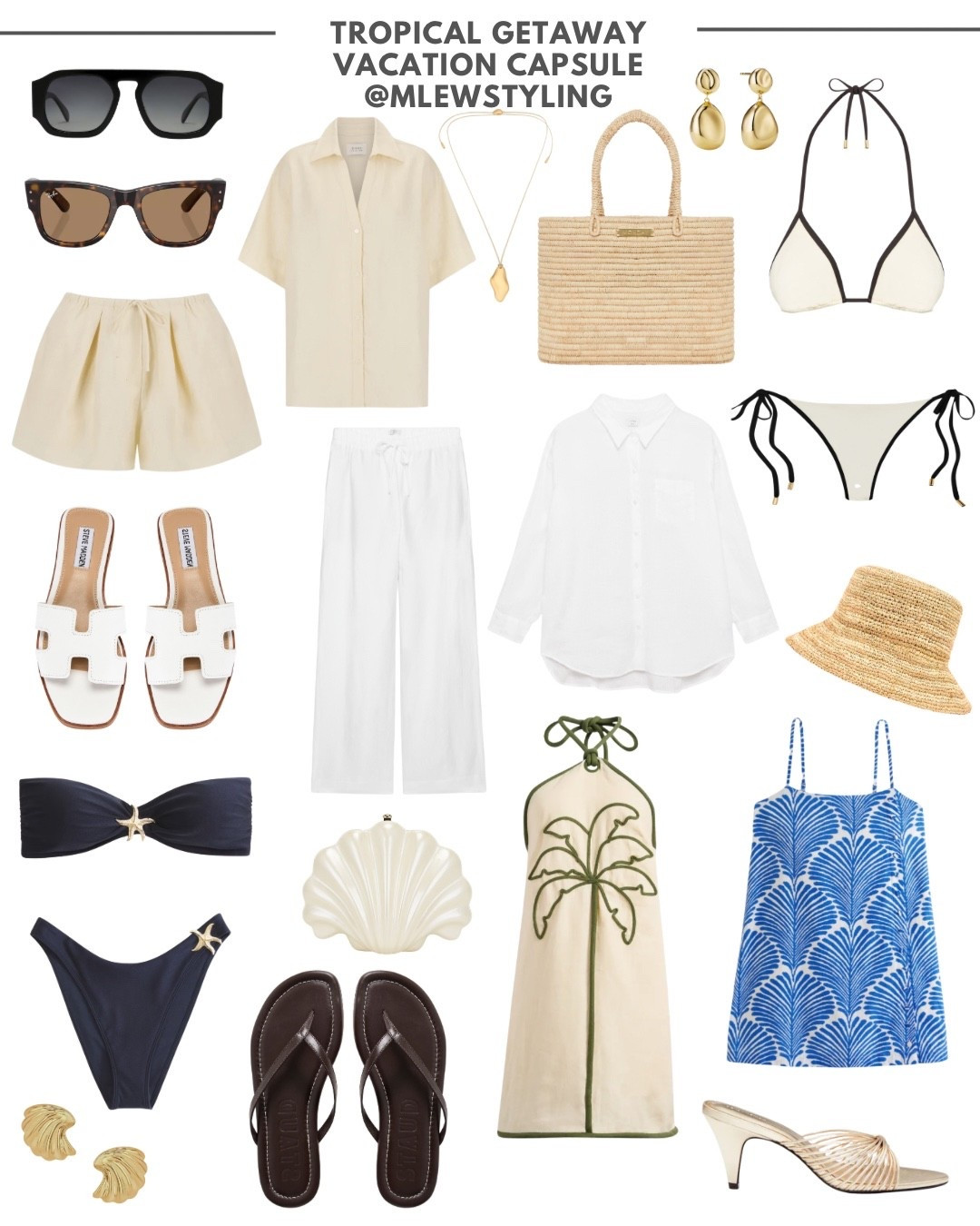 Tropical getaway vacation capsule 🥥☀️

Tags: beach outfit, vacation look, what to pack for a beach vacation, warm weather trip, bikini outfit, bathing suit, hot weather outfit, straw hat, beach bag, slide sandals, shell earrings, rayban sunglasses, beach dress, farm rio, thong sandals, linen shorts, beach pants, linen shirt 