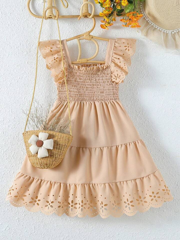 SHEIN Young Girl Laser Cut Out Ruffle Trim Layered Hem Dress | SHEIN