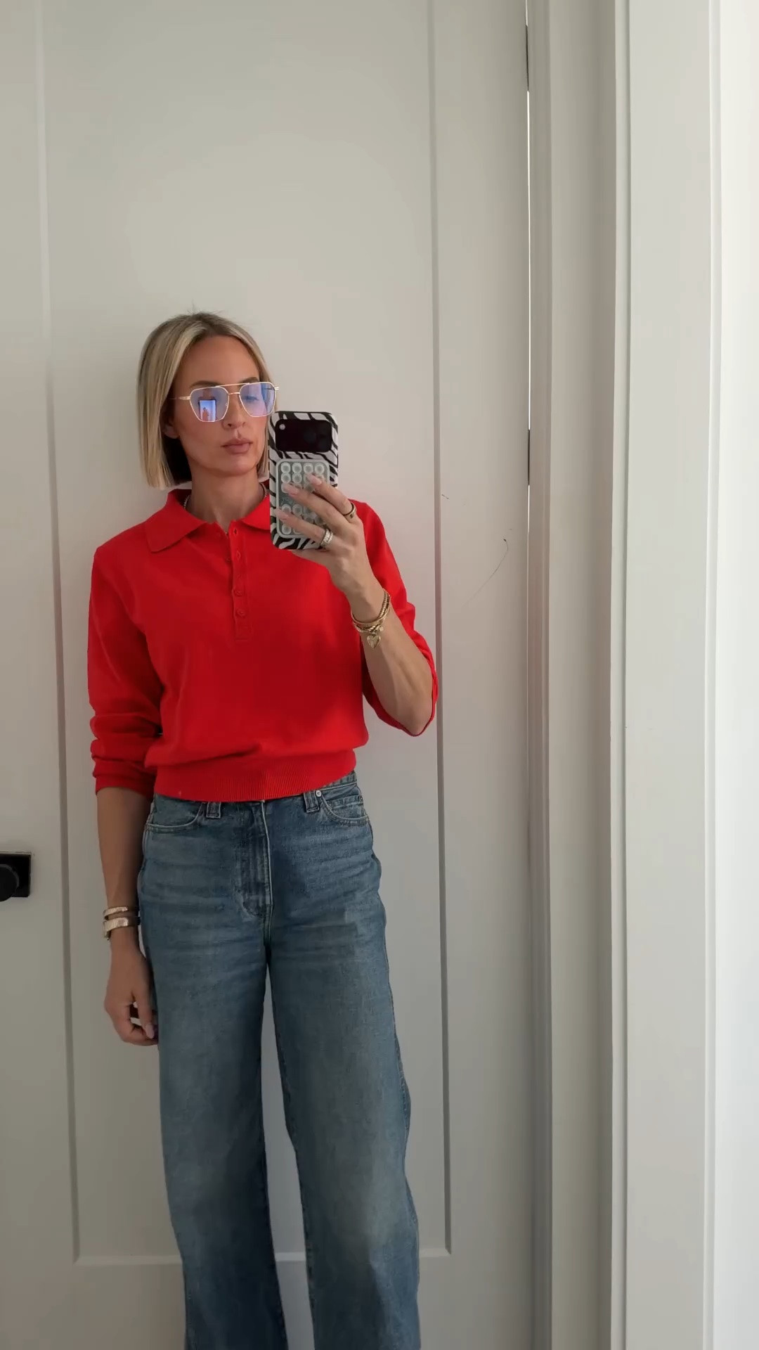 I’m wearing a medium in the top. Jeans run TTS and they are tall girl friendly. Boots run TTS as well. My glasses are sadly sold out, but the le specs ones that I linked below look identical ￼￼