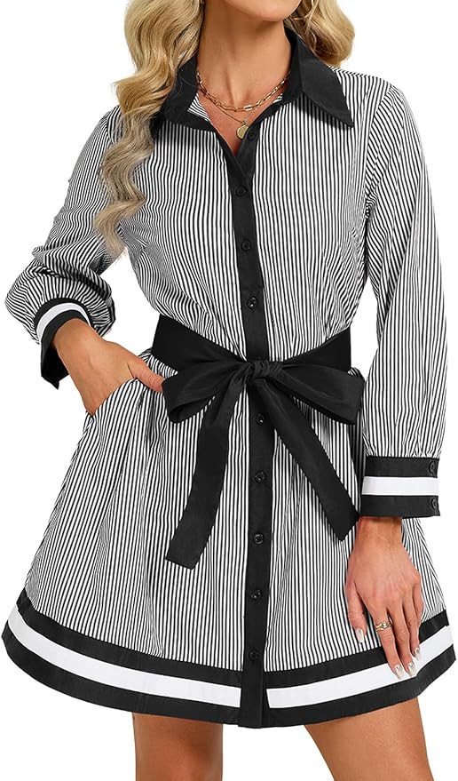 LifeShe Striped Button Down Shirt Dress Women Color Block Tie Front Belted Long Sleeve Mini Dress... | Amazon (US)