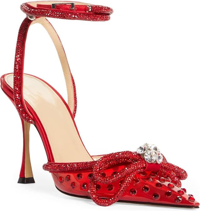 MissHeel Clear Rhinestone Ankle Strap Pumps Heels with Crystal Double Bows 3 inch | Amazon (US)