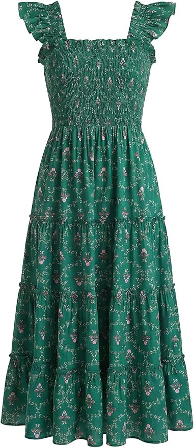 Ladyful Women's Floral Midi Dress Smocked Square Neck Boho Sleeveless Ruffle Strap Beach A-Line F... | Amazon (US)