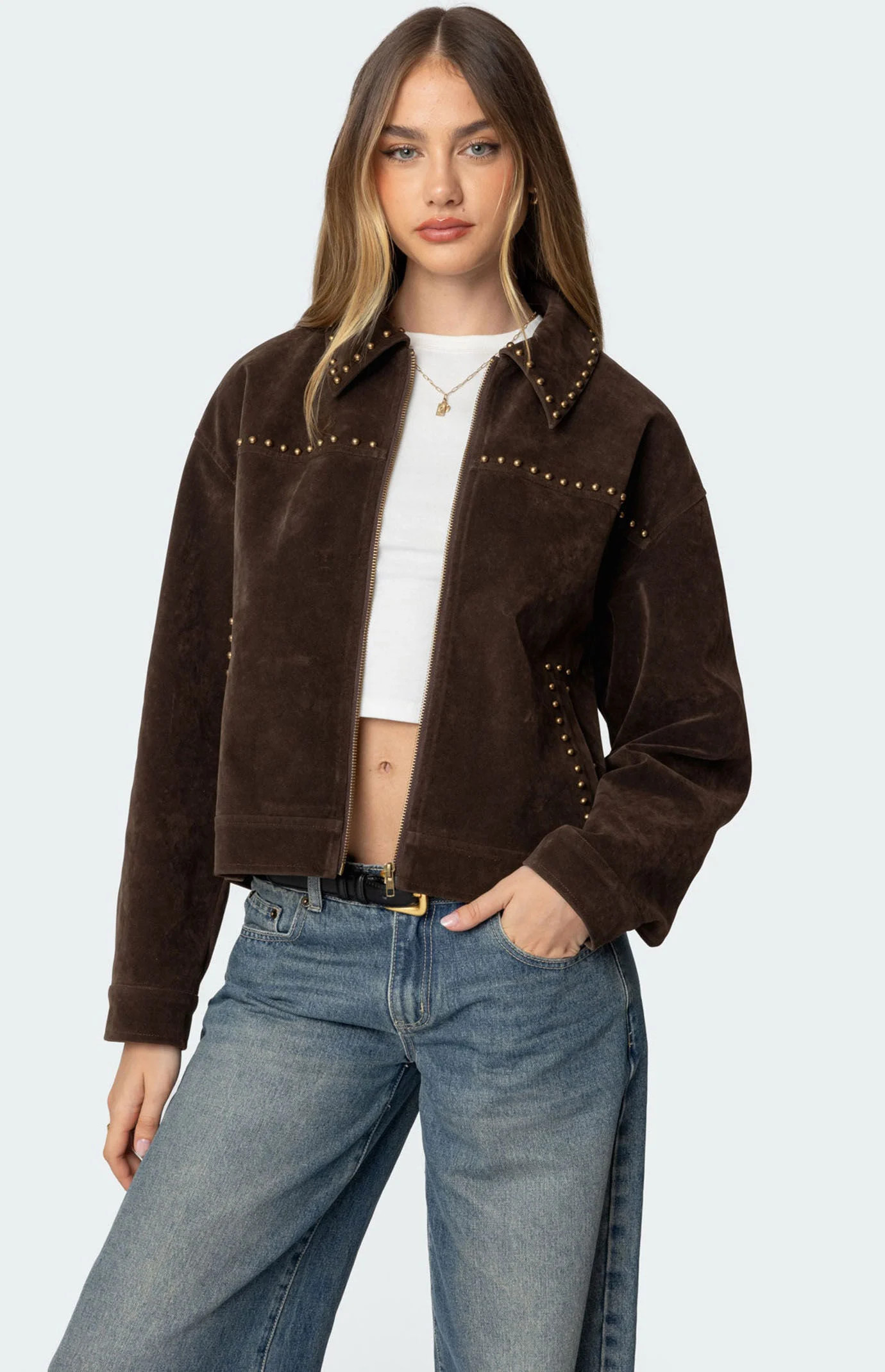 Edikted Women's Memphis Studded Faux Suede Jacket in Brown - Size Small | PacSun