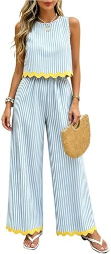 Women's Boho Striped 2-Piece Set Summer Wavy Trim Sleeveless Tank Top Wide Leg Pants Set Two Piec... | Amazon (US)