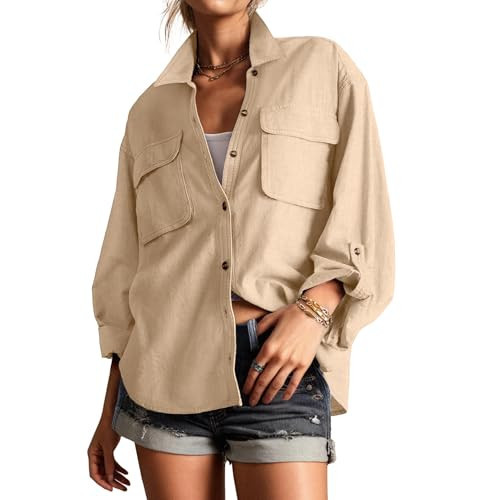 Women's Fashion Shacket Button Down Cotton Linen Shacket Jackets Casual Long Sleeve Shirts Jackets Tops Apricot | Amazon (US)