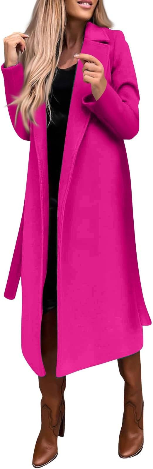 Trench Coat Women Notched Collar Wool Blend Midi Long Overcoat Thicken Warm Belted Pea Coats Soli... | Amazon (US)