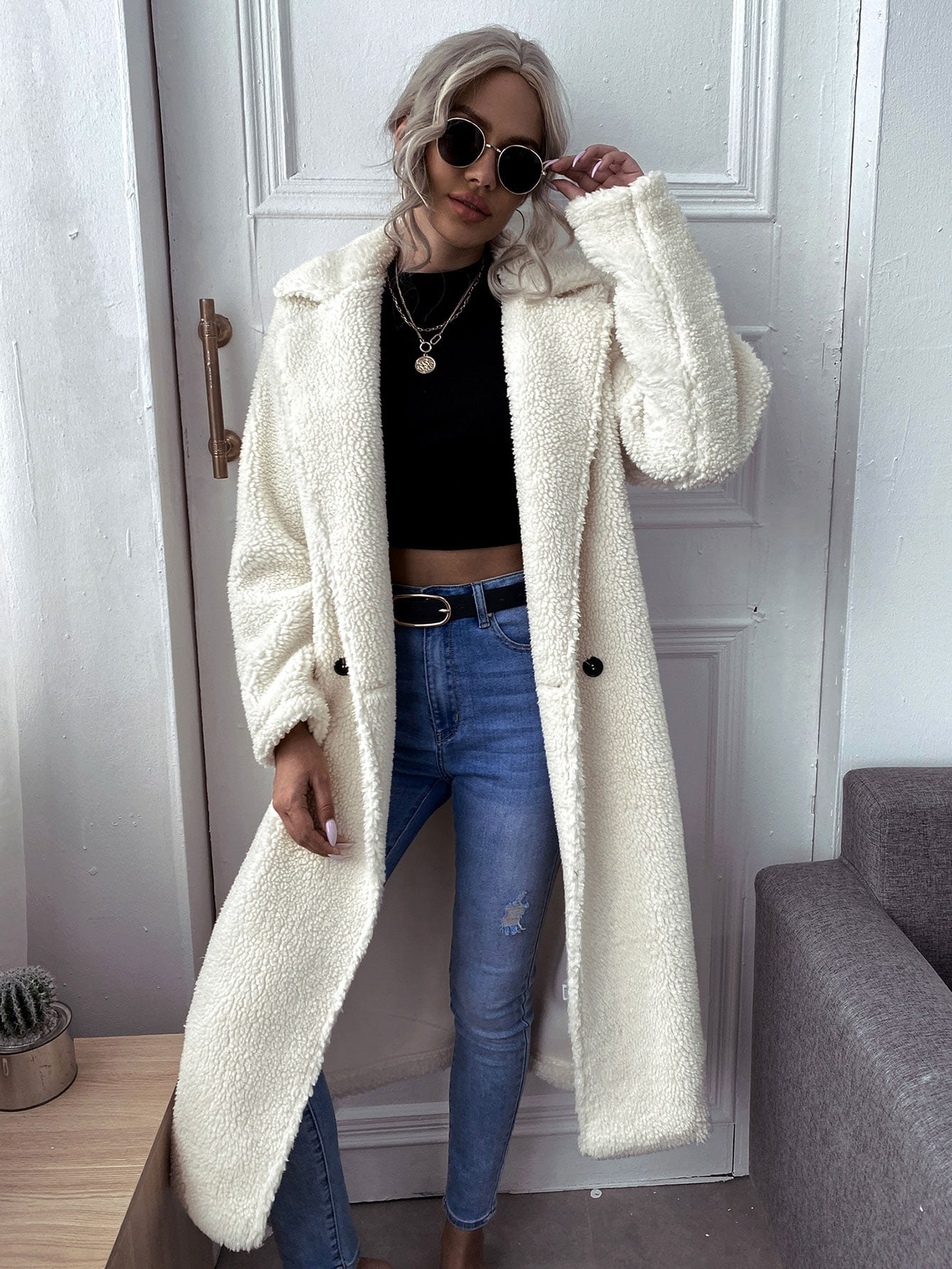 Double Button Lapel Collar Teddy Coat | SHEIN