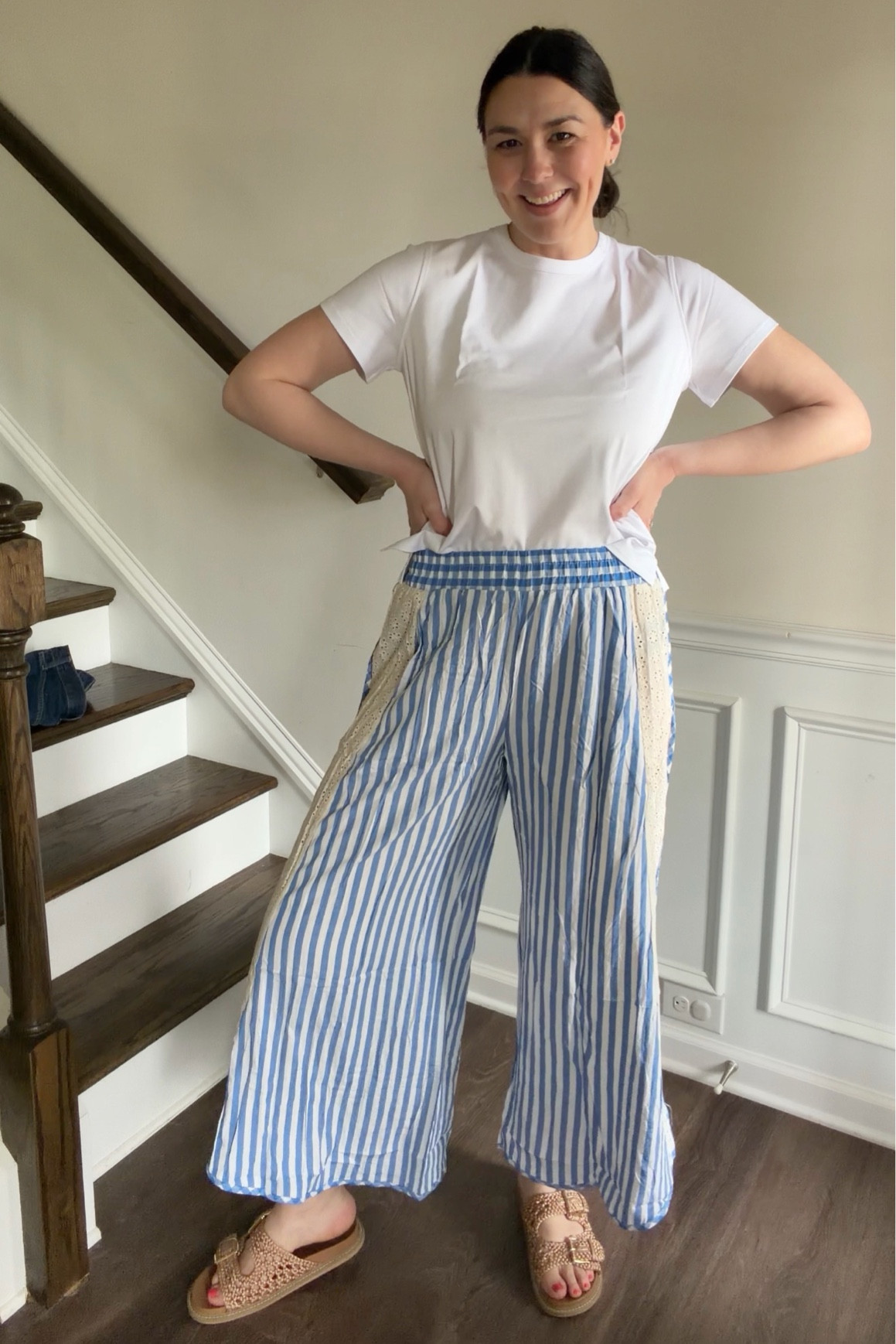 Such a cute easy outfit for Spring, Summer, vacation, beach, etc!

Flowy, lightweight, wide leg pants! Perfect if you want to wear pants in warmer weather!

Postpartum & bump friendly! 

Wearing my normal size medium in the blue color. I am 5’10” for reference. 

I sized up one to a large in the perfect 100% cotton white tshirt! Not see through 🙌🏼



#LTKootd #LTKActive #LTKTall