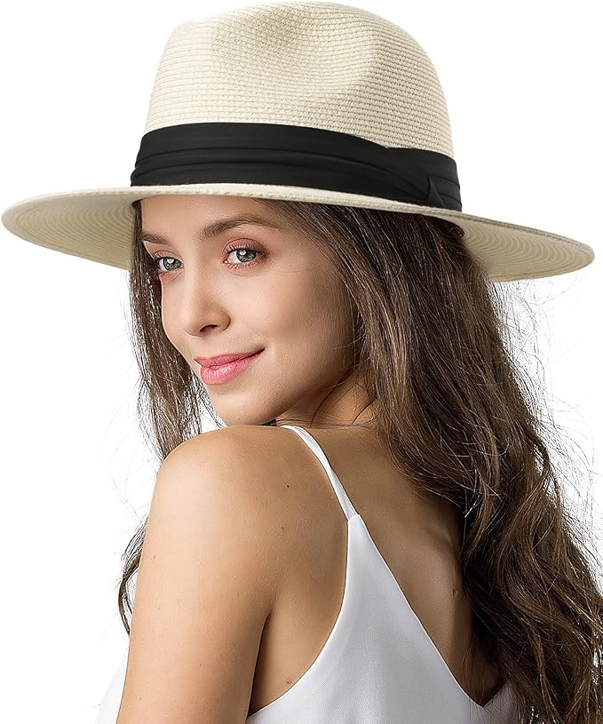 Womens Mens Wide Brim Straw Panama Hat Fedora Summer Beach Sun Hat UPF Straw Hat for Women | Amazon (US)