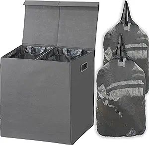 Simple Houseware Double Laundry Hamper with Lid and Removable Laundry Bags, Dark Grey | Amazon (US)