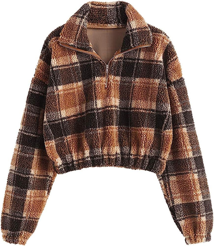 ZAFUL Women's Faux Fur Pullover Half Zip Long Sleeve Crop Sweatshirt Tops | Amazon (US)