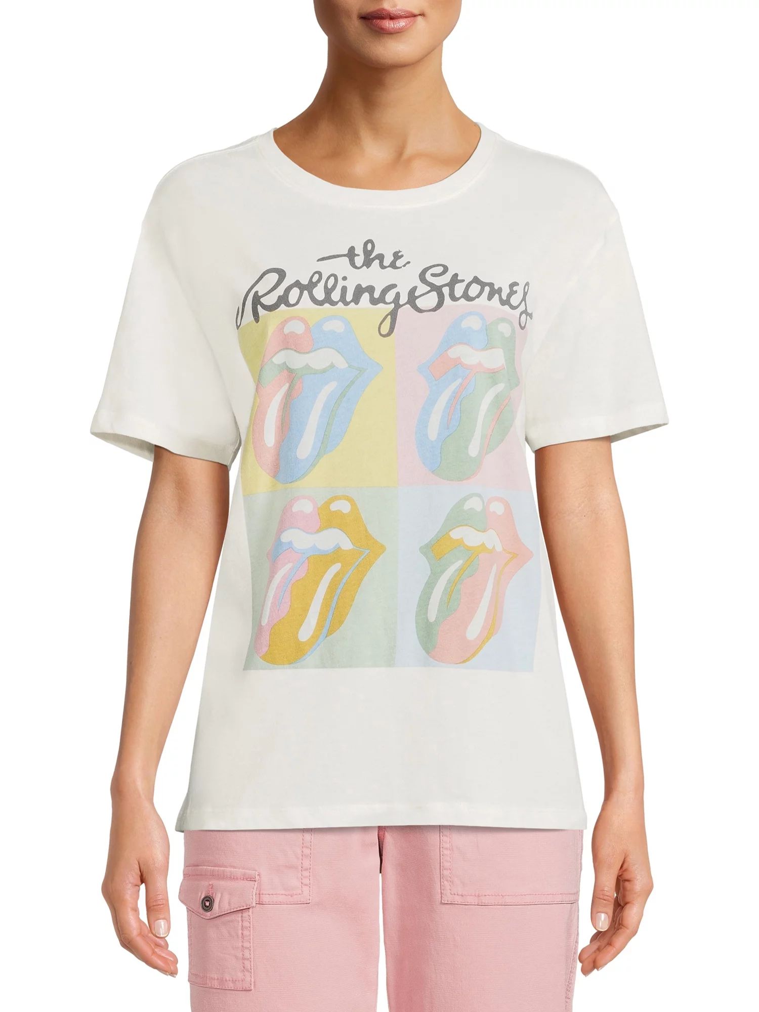 Time & Tru Women's Rolling Stones Pop Squares Graphic Short Sleeve Tee | Walmart (US)