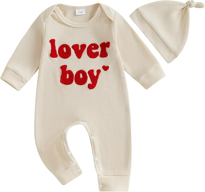 Newborn Baby Boy Valentines Day Outfit Letter Embroidery Waffle Knit Romper Jumpsuit Long Sleeve ... | Amazon (US)