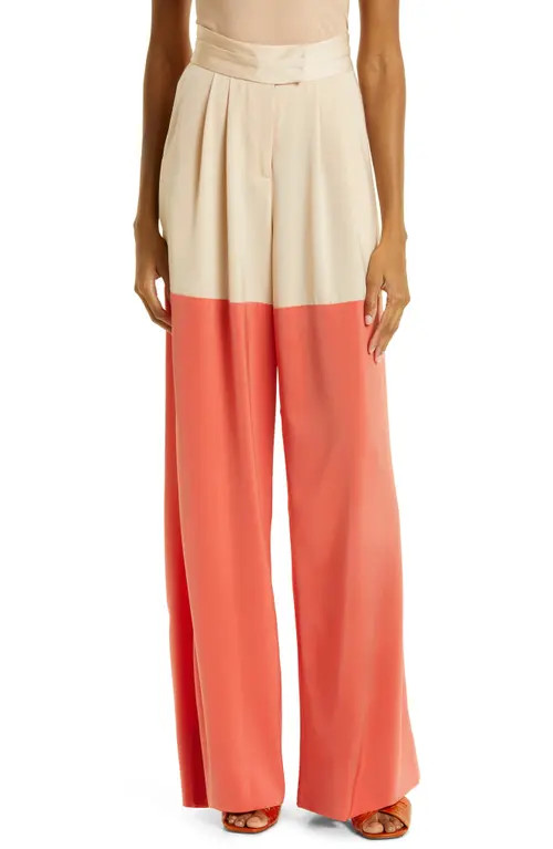 Kimberly Goldson Liza Satin Colorblock Wide Leg Pants in Bone/Cantaloupe at Nordstrom, Size 10 | Nordstrom