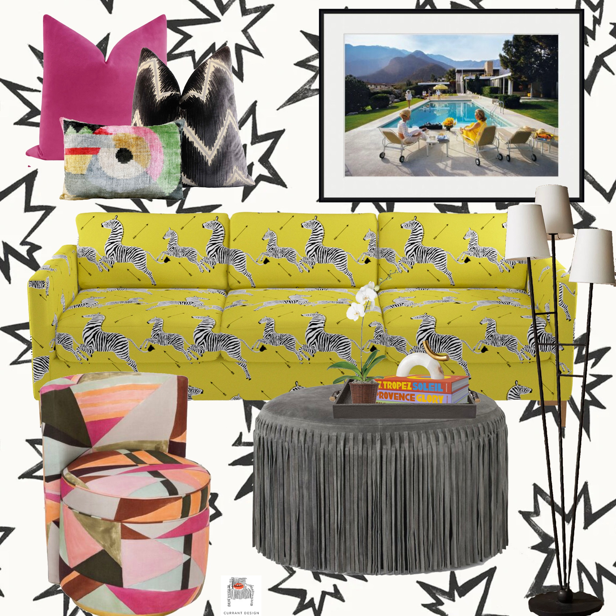 POW! Find Pieces that bring joy and wow! #StayCurrant
______

Wallpaper —> @kls_textiles 
Art —> @slim_aarons 
Sofa —> @theinside with @scalamandre fabric
Chair —> @kimsalmela 
Ottoman —> @madegoods 
Tray —> @onekingslane 
Objet —> @cb2 
Pillows —> @littledesignco and @etsy 


#LTKfamily #LTKhome #LTKstyletip