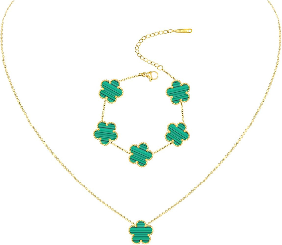 Gold Plated Stainless Steel Four Leaf Clover Bracelet and Necklace Jewelry Set for Women | Amazon (US)