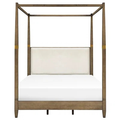 Canopy Bed Queen With Brown Wood Finish - Solid And Plywood Upholstered Headboard Foot Board 100% Fabric Upholstery Construction Veneer Side Rail Slat | Wayfair North America
