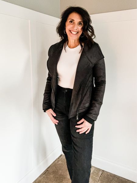 Need a fun outfit for girls night out or date night! Check out these jeans and faux leather jacket. Wear a tight fitting top under the jacket for a stylish look. Fashion over 50. Black is my favorite color to wear. #over50fashion #womensfashion

#LTKSeasonal #LTKstyletip #LTKmidsize