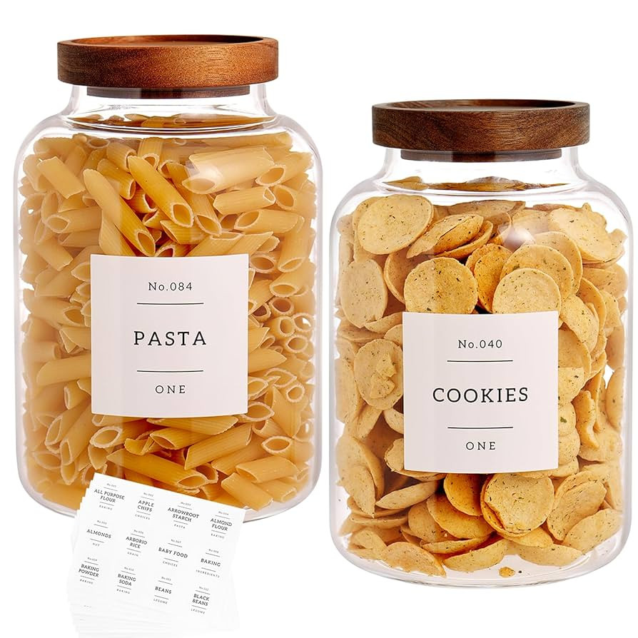 Set Of 2 Large Glass Jar with Wooden Lid with 132 Labels, Glass Storage Jars for Flour Pasta Cand... | Amazon (US)