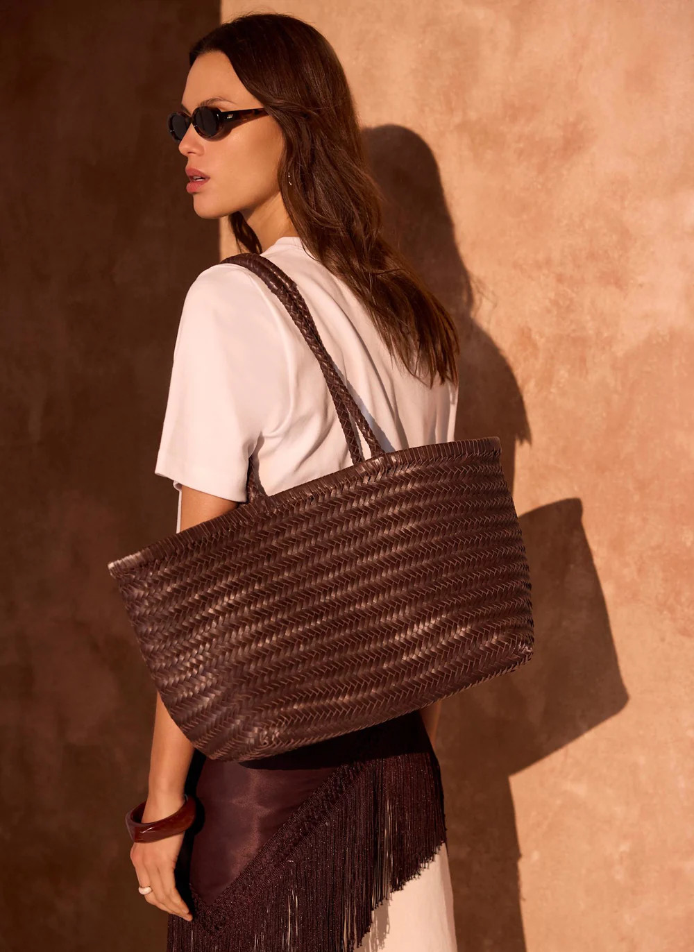 Rae Brown Leather Woven Tote Bag | Mint Velvet