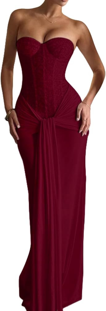 Women's Bodycon Corset Long Dresses Casual Solid Strapless Tube Maxi Cocktail Evening Dress with ... | Amazon (US)