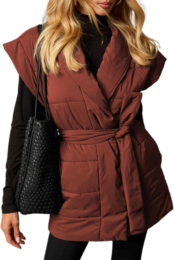 UANEO Women's Puffer Vest Sleeveless Jacket Lapel Waist Tie Belted Vest Fall Outwear with Pockets | Amazon (US)