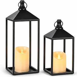 MATAHUM 2pcs Farmhouse Lantern Decor with LED Flickering Flameless Candles - Black Metal Lanterns... | Amazon (US)