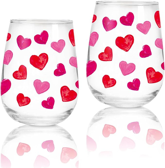Whaline 2Pcs Valentine's Day Stemless Wine Glasses 17oz Red Pink Heart Drinking Glasses Love Hear... | Amazon (US)