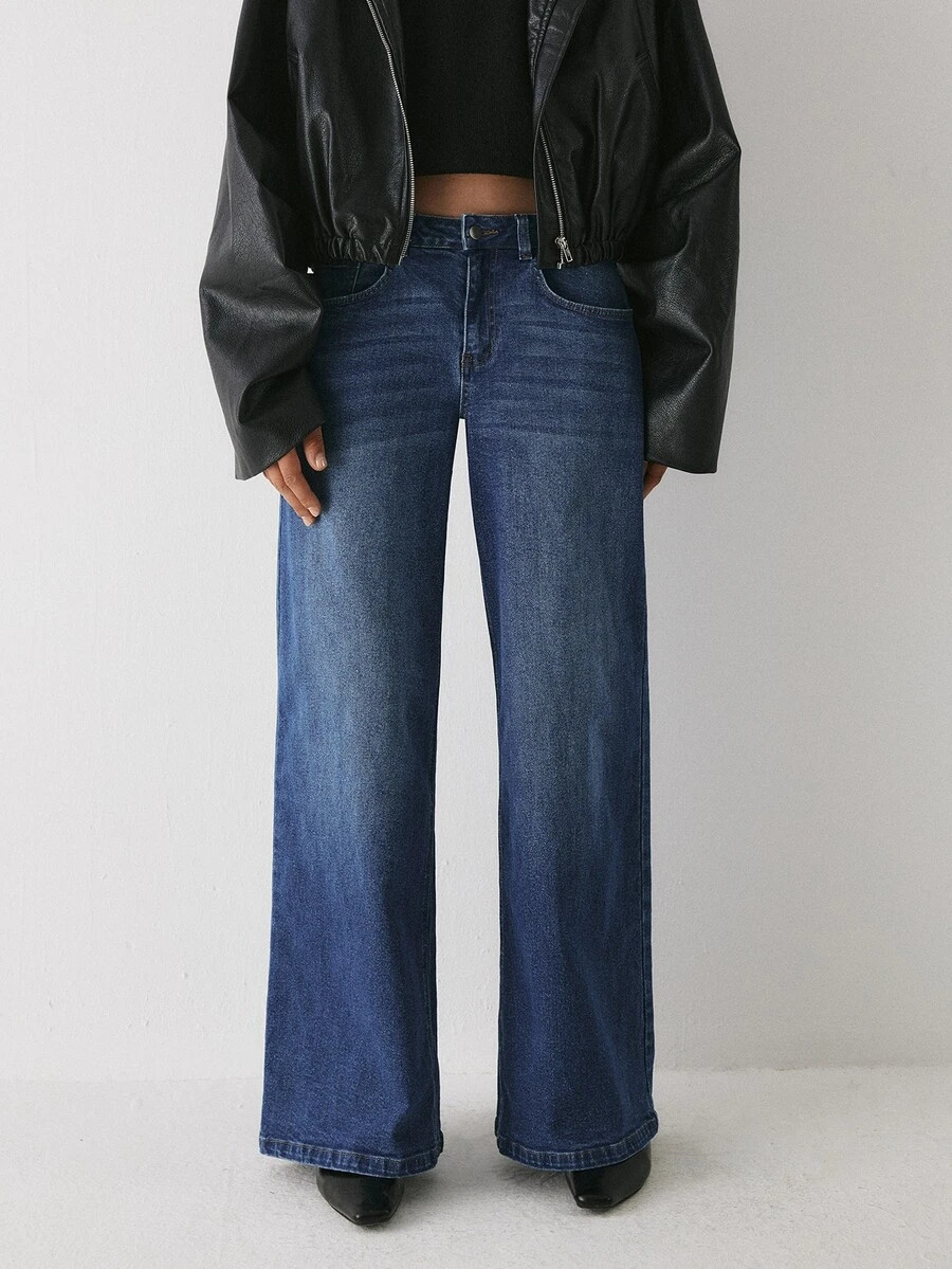 YARNWELL Moda Feminina Jeans de Cintura Baixa e Perna Larga | SHEIN