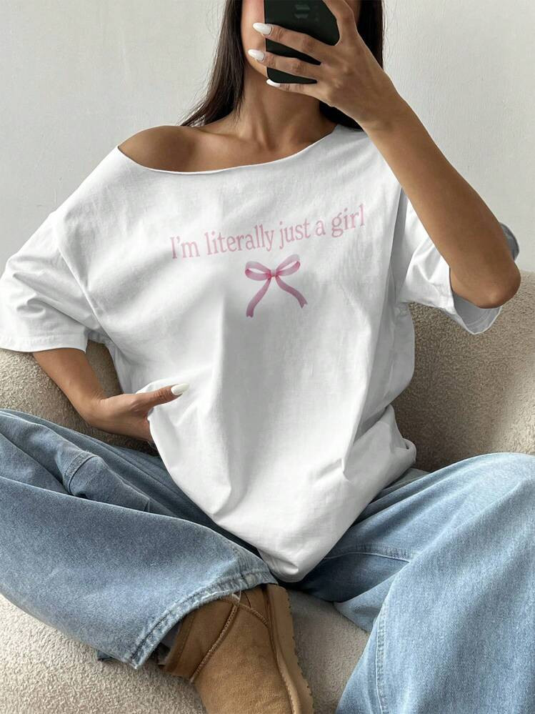 Flirla Plus Size Pink Slogan Bow T-Shirt, Plus Size Graphic Tees Women Tops | SHEIN
