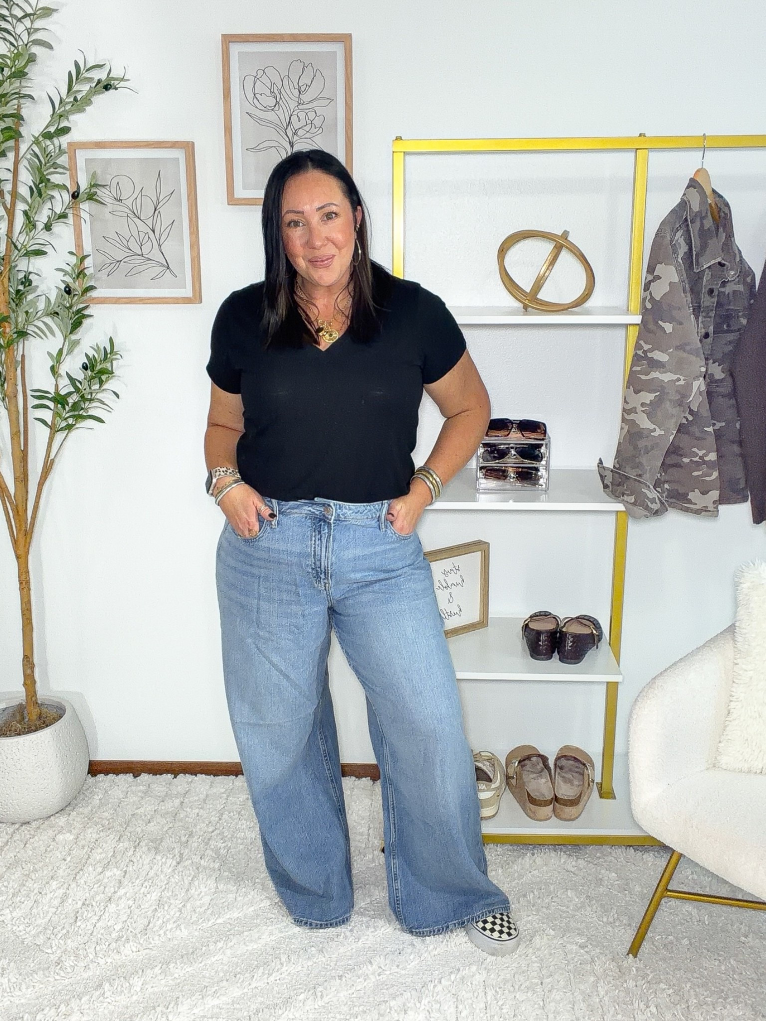 These gap wide leg baggy jeans are a favorite from last year!  Now on sale and available in lots of different washes. Wearing size 33 regular! Linked a similar v neck tee!  Vans checkered platforms have been a favorite for years! Run true to size.

#LTKootd #LTKmomlife #LTKOver40