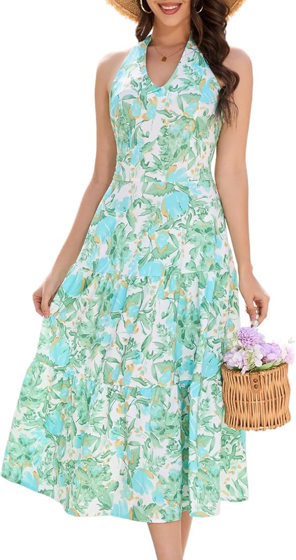 DRESSTELLS Women's Summer Floral Dress Maxi Sundress Boho Sleeveless Halter Neck Spring Vintage F... | Amazon (US)