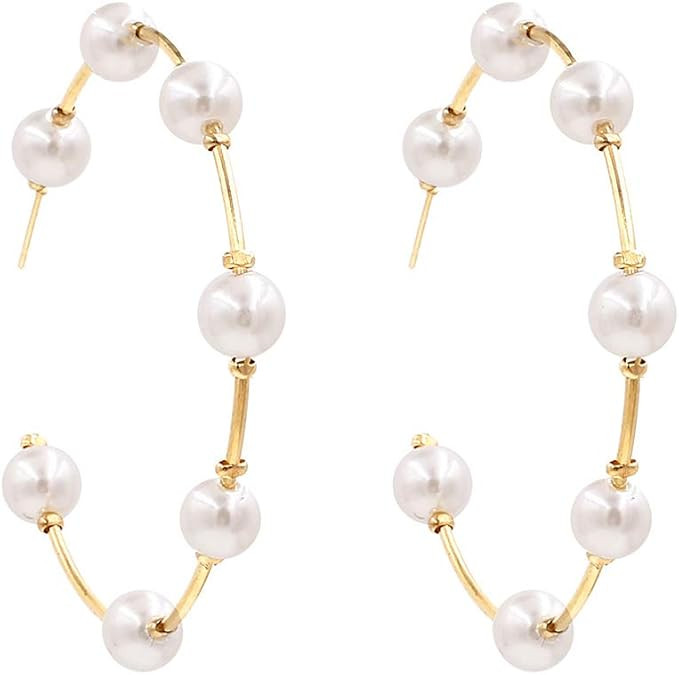 FLTSF.H Gold Pearl Hoop Earrings for Women Fashion Lightweight Pearl Earrings Drop Dangle Earring... | Amazon (US)