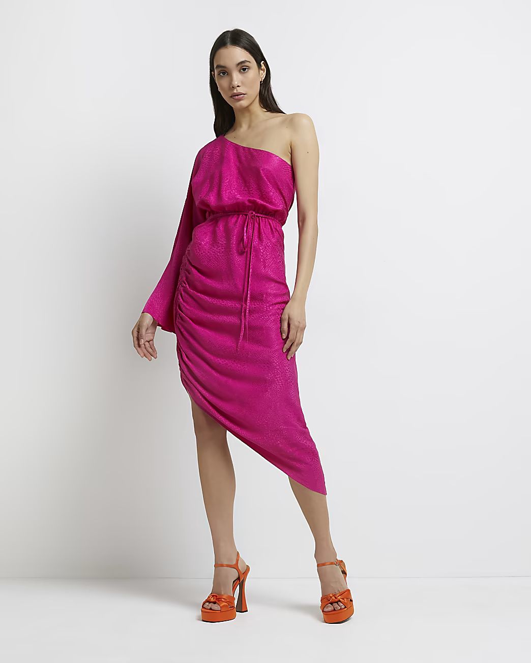 Pink one shoulder ruched midi dress | River Island (UK & IE)