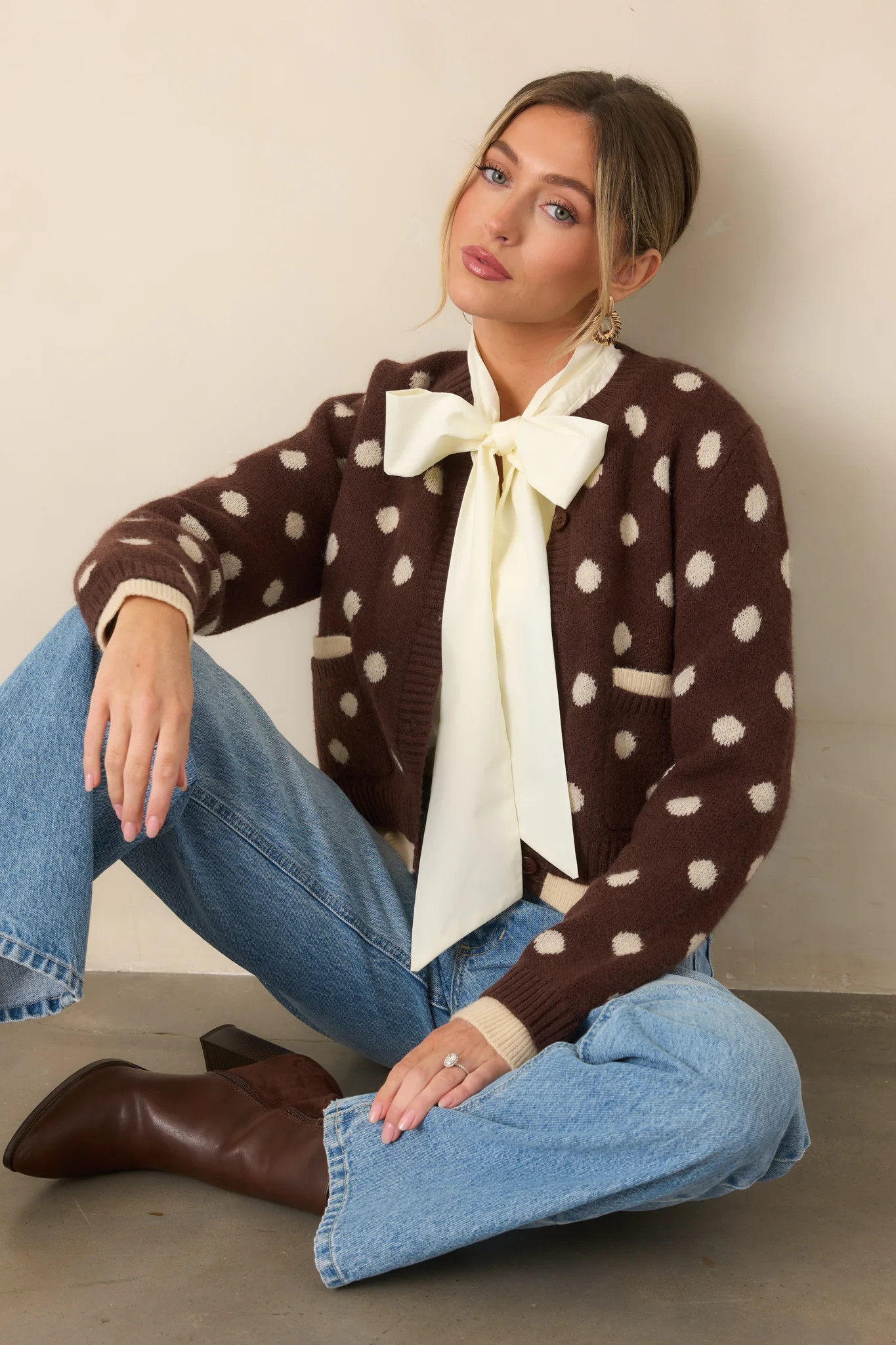 Put On the Spot Brown & Ivory Polka Dot Cardigan | Red Dress