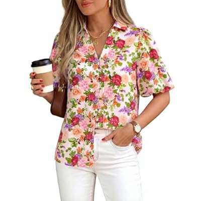 BTFBM Womens Tops Summer Button Down Shirts Casual Short Sleeve V Neck Floral Boho Business… | Amazon (US)