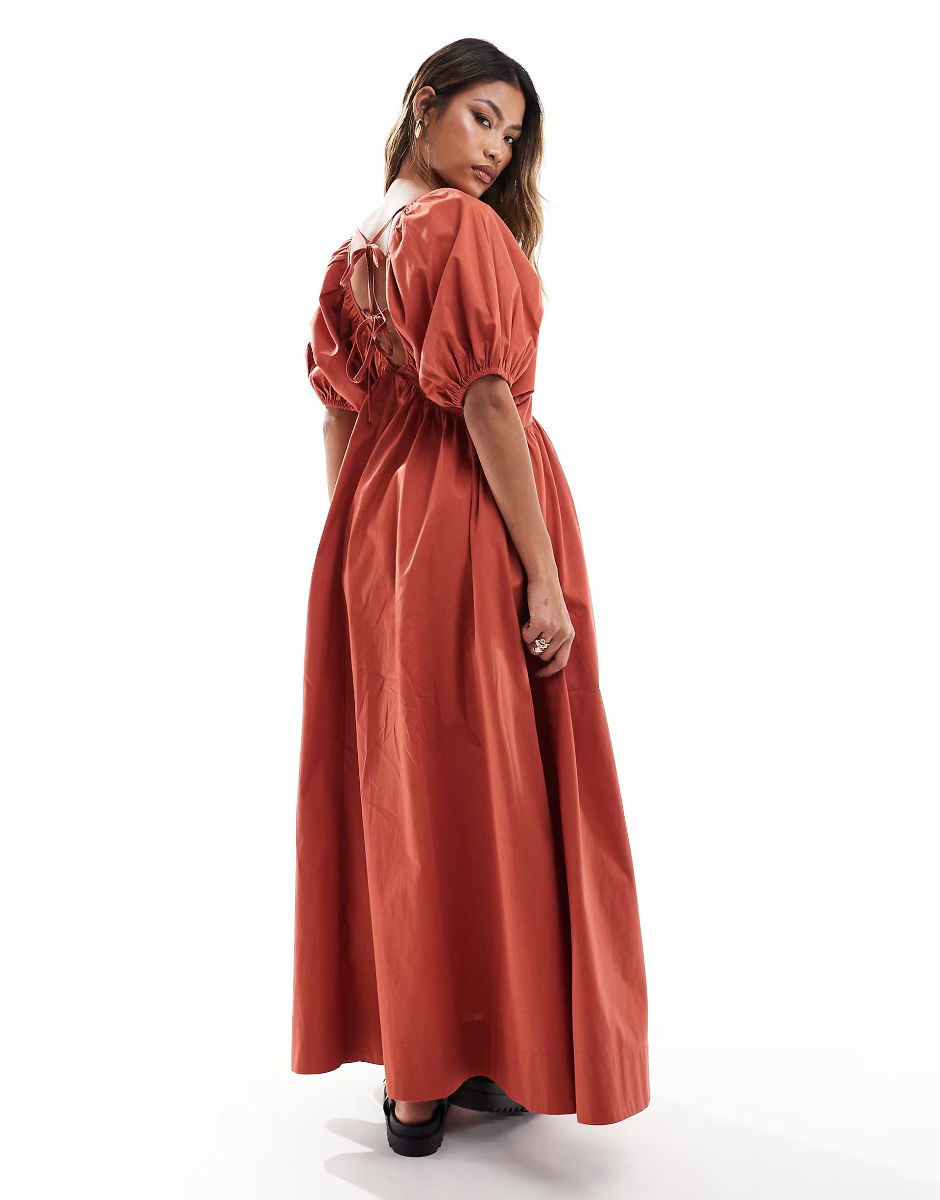 ASOS DESIGN ultimate puffed sleeve v-neck midi smock dress in rust | ASOS | ASOS (Global)