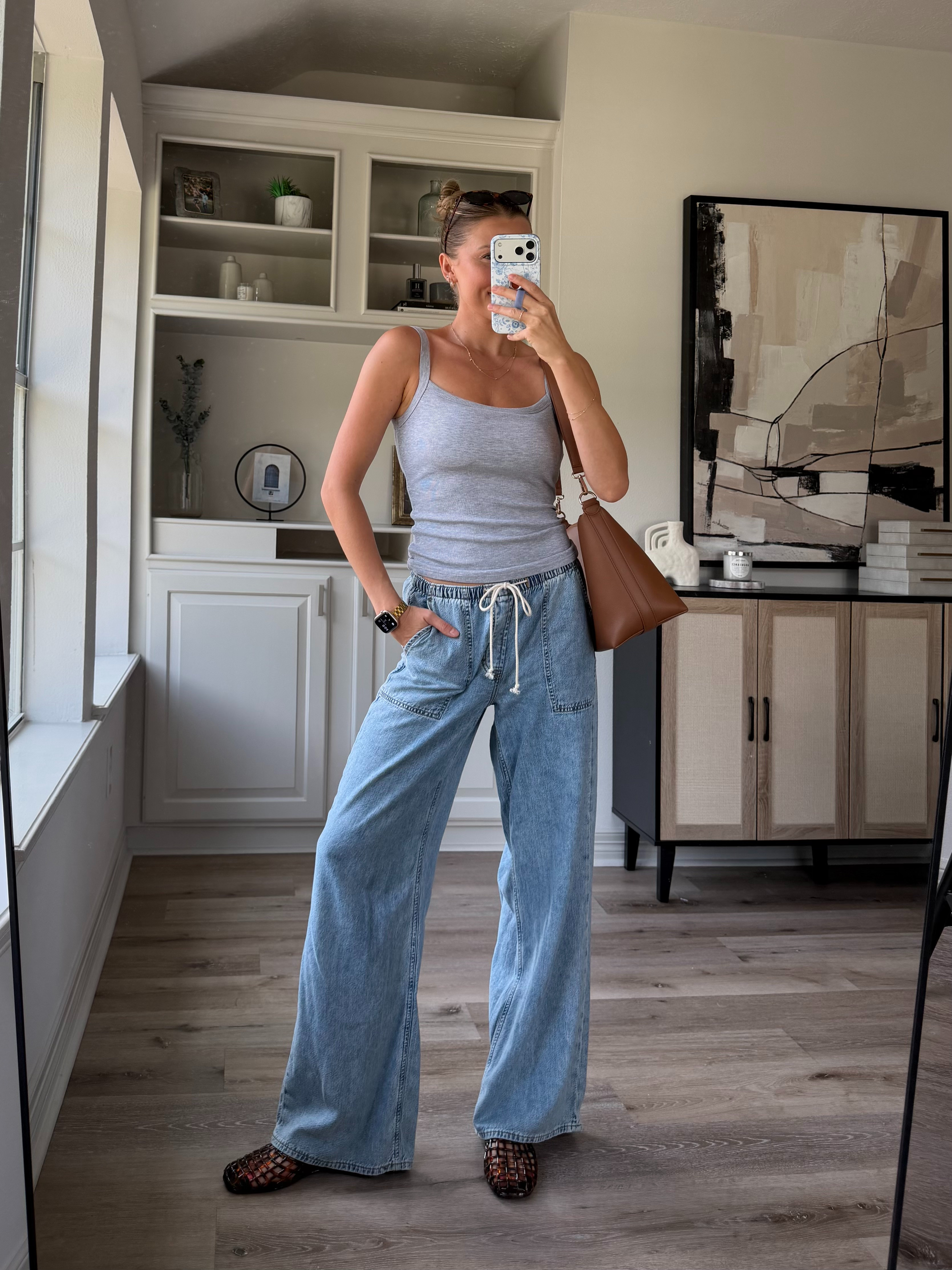 Cute, comfy mom outfit | S in tank and stretchy drawstring denin 

 #LTKootd